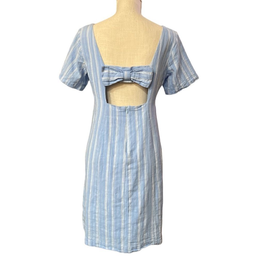 Anthropologie Cape May Blue Striped Linen Blend Bow Back Midi Dress - Picture 8 of 9